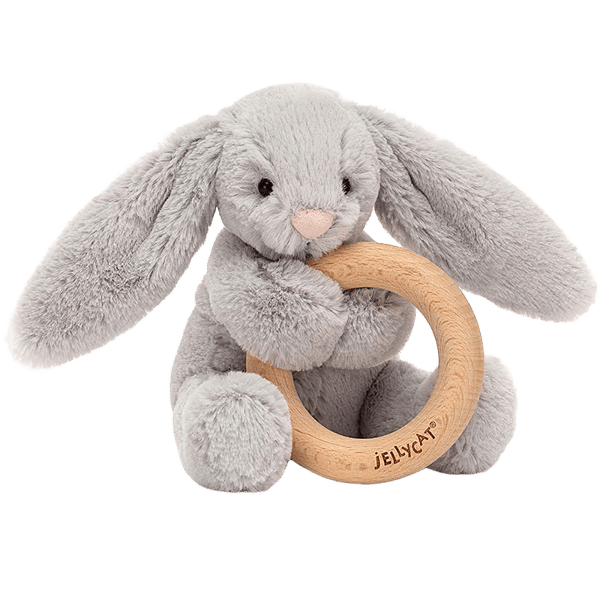 Bashful Silver Bunny Wooden Ring Toy